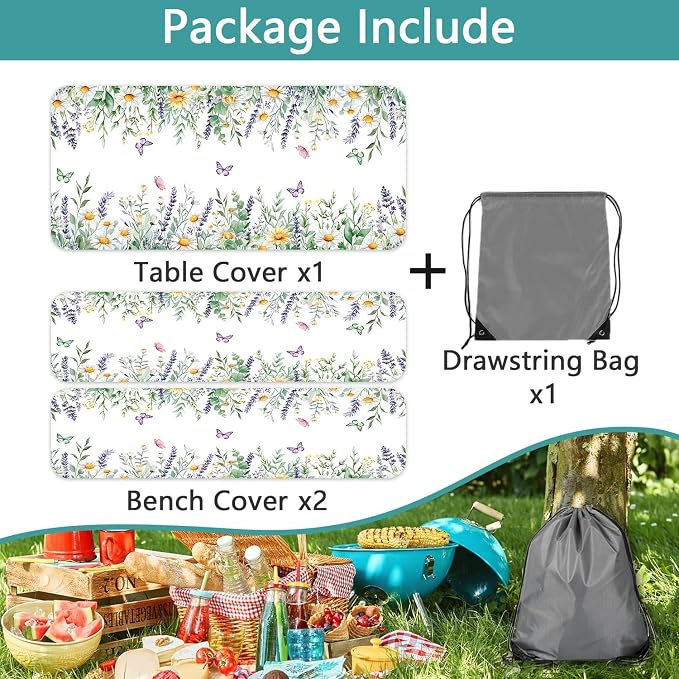 Floral Picnic Table Cover with Bench Covers, Camping Essentials, Leaves Flower Butterfly Waterproof Windproof, Fitted Tablecloth Cover with Elastic Edge, for Indoor, Outdoor, 3 PCS, 30x72 Inch