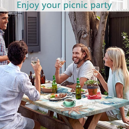 Picnic Table Cover with Bench Covers 6FT, Camping Essentials, Nautical Sea Turtle Ocean Windproof Waterproof Picnic Table Cloth, Fitted Tablecloth with Elastic Edge for Indoor Outdoor 3PCS 30x60 Inch