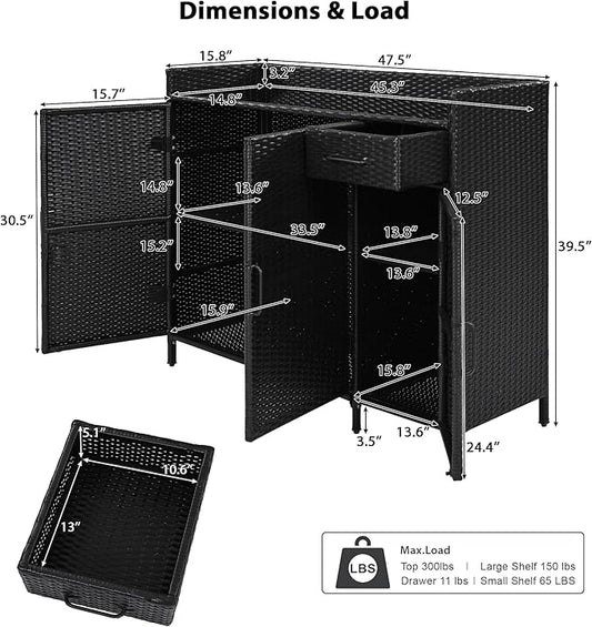 RUNNA Wicker Outdoor Storage Cabinet with Tempered Glass Desktop, Weather-Proof Rattan Bar Table with Three Doors, Adjustable Shelf, and One Drawer, for Outdoor Cushions, Pool Toys (Black Brown@045)