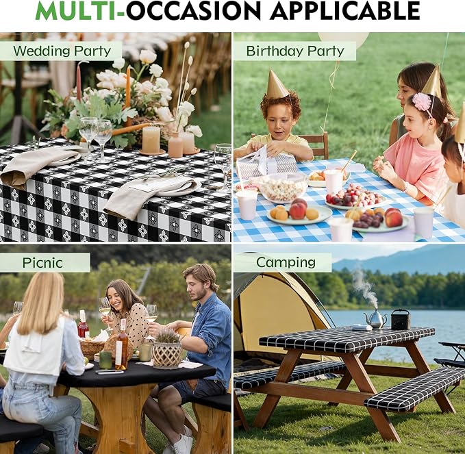 Picnic Table Cover with Bench Covers, Waterproof Tablecloth Set, Four-leaf | Fitted 6ft Tables, for Outdoor Camping, RV, Includes 1 Table Cover(30"x72"), 2 Bench Covers(72"x12"), Drawstring Storage Bag