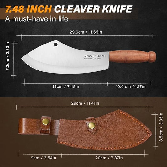 MEN WITH THE POT Meat Cleaver Knife, Hand Forged Ultra Sharp Stainless Steel Butcher Knife with Sheath, Multipurpose Chef Knife for Kitchen Outdoor Cooking Camping BBQ, Gift for Man Women