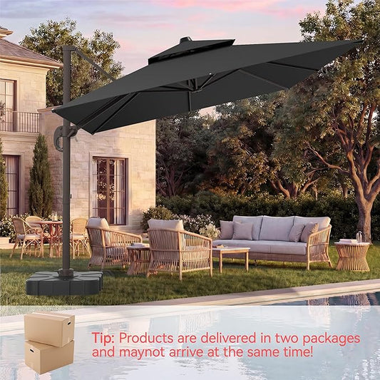 9x12 FT Patio Umbrella with base, Large Cantilever Rectangular Double Top Heavy Duty Offset Umbrellas with 360° Rotation, Outdoor shade for Garden Deck Pool, Gray