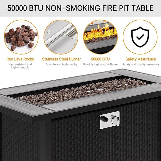 45in Fire Table, Propane Fire Pit with Red Lava Rocks and Rain Cover, Outdoor Firepit Table with Tile Top 50000 BTU 2-in-1 Fire Table for Patio/Yard/Balcony, Gray Tabletop