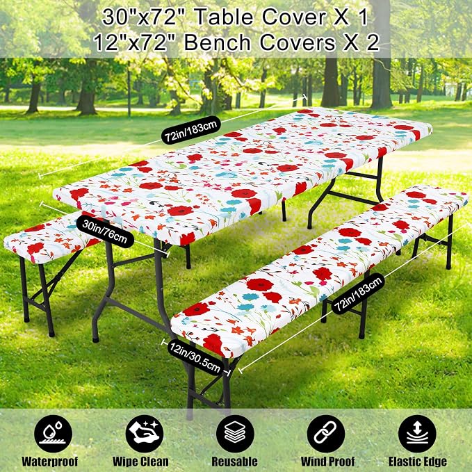 Smiry Picnic Table Cover with Bench Covers, Waterproof Elastic Fitted Tablecloth for 6 Foot Tables, Washable Polyester Tablecloths for Camping, Indoor & Outdoor (Flower, 30x72 Inch 3-pc Set)