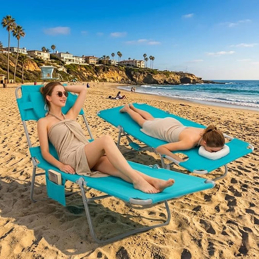 #WEJOY Folding Tanning Chair with Face Hole, 5 Positions Face Down Beach Lounge Chairs with Pillow for Outside Sunbathing Poolside (Cyan)