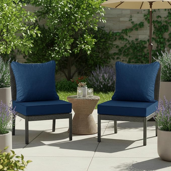 Summsun Outdoor Chair Cushions, Faux Linen Backrest and Deep Seat Cushion Set for Patio Furniture with Weather Resistant Removable Cover, Ties, Non-Slip Bottom, 24 x 24 Inch, Navy, Set of 2
