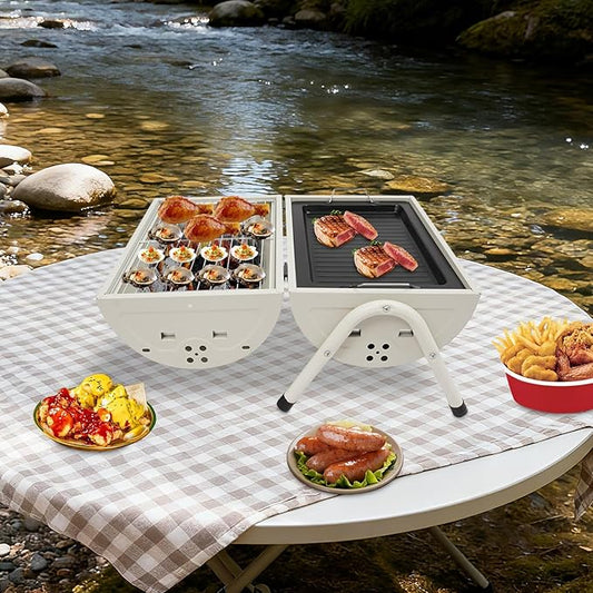 Barbecue Charcoal Barrel Grill, Portable Vertical C-harcoal Smoker G-rill, Outdoor Indoor Hanging BBQ C-harcoal Barrel G-rill with 360° Heated, Built-In Oil and Ash Trays (13x15in 20 Skewers)