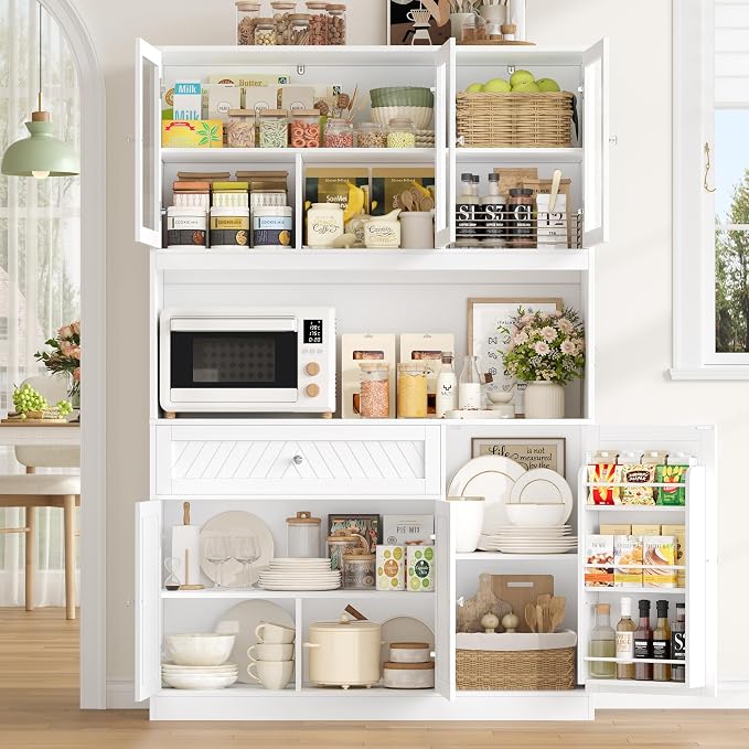 BOTLOG 72” Tall Kitchen Pantry Storage Cabinet with Painted Strip Door | Modern White Kitchen Hutch with Large Storage Drawer, Countertop, Adjustable Shelves for Dining Room, Living Room