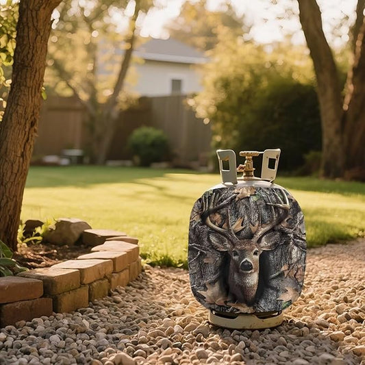 Propane Tank Covers 20lb Camo Deer Outdoor Heavy Duty Windproof Gas Tank Cylinder Cover with Elastic Brand Dress up Your Gas Grill, Fits Standard 20lb Cylinder