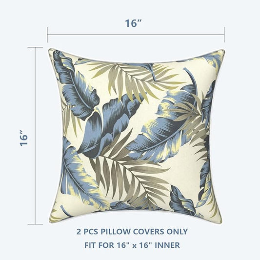 LVTXIII Outdoor Throw Pillow Covers 16x16 inch Waterproof Tropic Accent Pillow Cases Fluffy Outdoor Cushion Covers for Garden and Patio Furniture Decoration,2 Pack,Lush Palm Blue