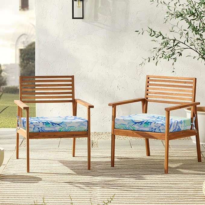 downluxe Outdoor Chair Cushions Set of 4 for Patio Furniture, Water-Resistant Square Corner Patio Chair Cushions with Ties, High Density Foam Outdoor Seat Cushion, 18.5" X 16" X 3", Blue Coral