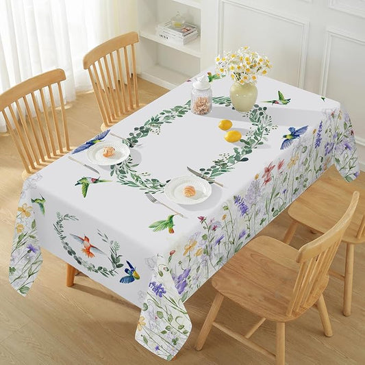 SASTYBALE Spring Summer Tablecloth, 52" x 70" Rectangular Watercolor Wild Flower Birds Plants Decorative Table Cloth Washable Water Resistant Table Cover for Party Picnic Dinner Decor, Colourful