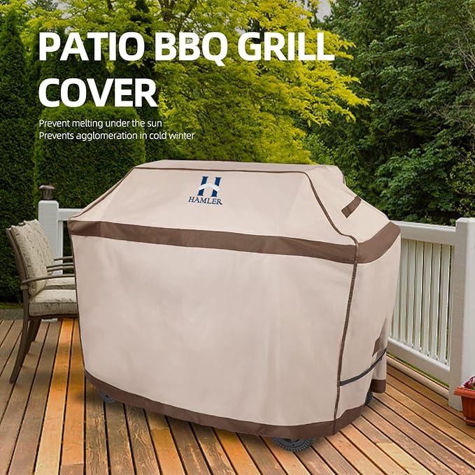 HAMLER Grill Cover 64 Inch, Heavy Duty Waterproof BBQ Covers, Gas Grill Covers Fits Weber Spirit, Weber Genesis, Char-Broil,Nexgrill, Brinkmann, Brown & Beige