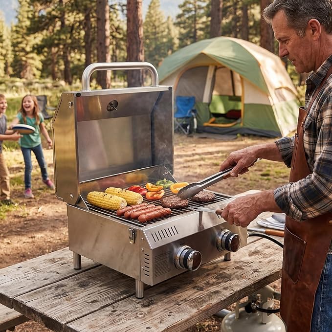 Bestfire Tabletop 2-Burner Gas Grill, 20,000 BTU Stainless Steel Portable Propane Grill, Removable Legs, Push-Button Ignition, Thermometer, for Outdoor Patio, Camping, Tailgating & RV