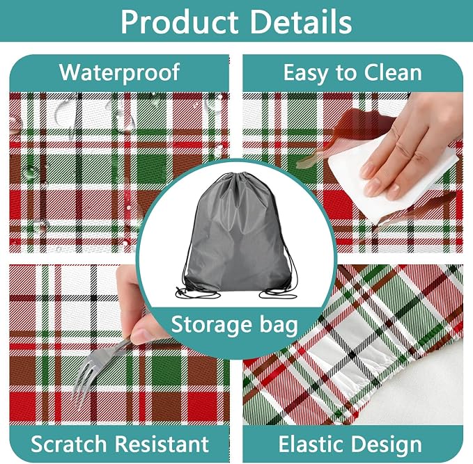 Red Green White Plaid Picnic Table Cover with Bench Covers and Bag, Camping Essentials, Water Resistant Windproof, Fitted Tablecloth Cover with Elastic Edge, for Indoor & Outdoor 3 PCS, 30x72 Inch