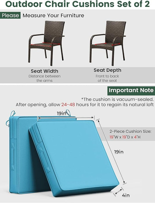 Outdoor Chair Cushion 19 x 19 x 4 Inches Patio Furniture Outdoor Waterproof Seat Cushion, Patio Chair Cushion with Handles and Ties, Square Dining Chair Cushion Set of 2, Lake Blue