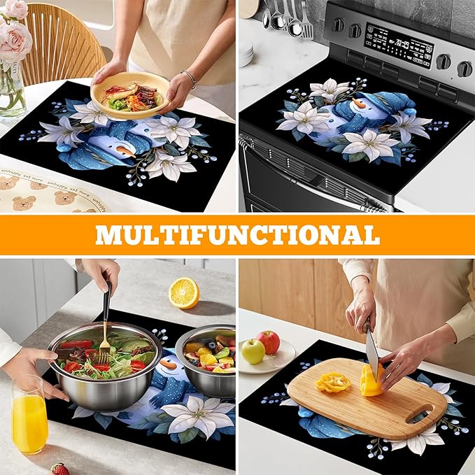 Christmas Multi-Design Stove Cover for Glass/Electric Stoves - 3-in-1 Heat-Resistant Protector Mat, Non-Slip Drying Rack 28"x20"