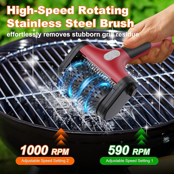 Electric Grill Brush for Outdoor Grill,2600mAh Rechargeable Electric Grill Cleaner with 2-Speed(Max 1000RPM),2 Replacement Heads and LED Light for Outdoor/Camping BBQ Grates Cleaning Tool (Red)