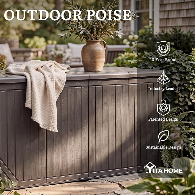YITAHOME XXL 300 Gallon Extra Large Outdoor Deck Box, Lockable Resin Double-Wall Storage Box and Waterproof Patio Furniture Bin for Garden Tools & Pool Accessories, Brown
