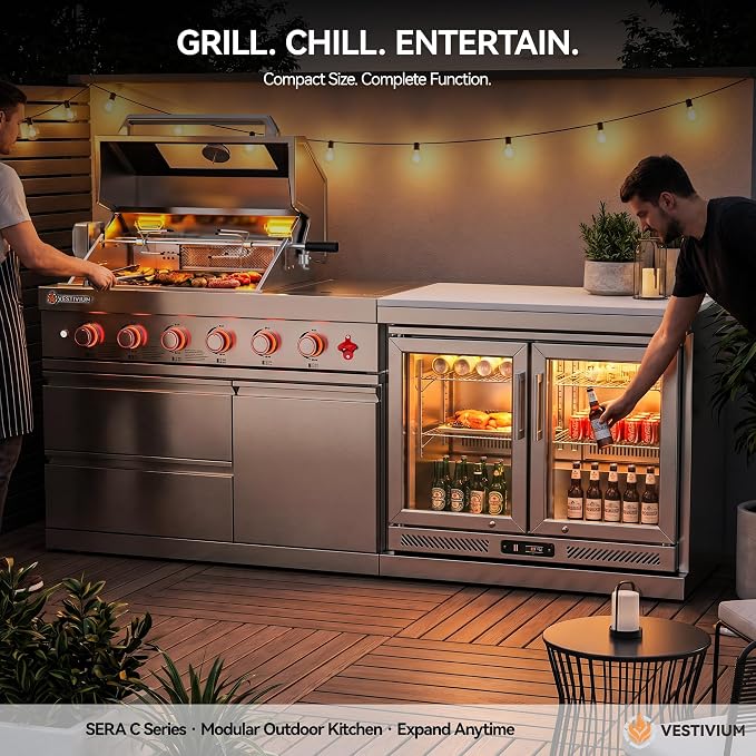 SERA C 4-Burner Propane Modular Outdoor Kitchen with Fridge | 75300 BTU + side burner, 68L fridge 0-10°C for drinks ingredient, 304 stainless steel, locking caster, compact patio backyard