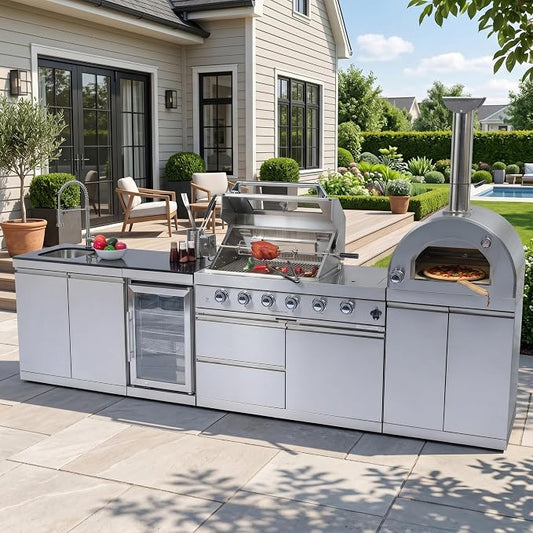 125 Inch Outdoor Kitchen Island, 108000 BTU Double Stainless Steel Propane Gas BBQ, Silver, with Pizza Oven, Wine Cooler, Refrigerator, Rotisserie, Granite Countertops & Storage Cabinets