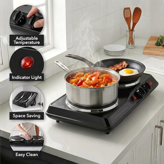 OVENTE Electric Cast Iron Double Burner, 1700W Hot Plate, Black BGS102B | 7.25" & 6.10" Portable Countertop Cooktop, Metal Housing, 5 Level Temperature Control, Indicator Light, Easy-to-Clean