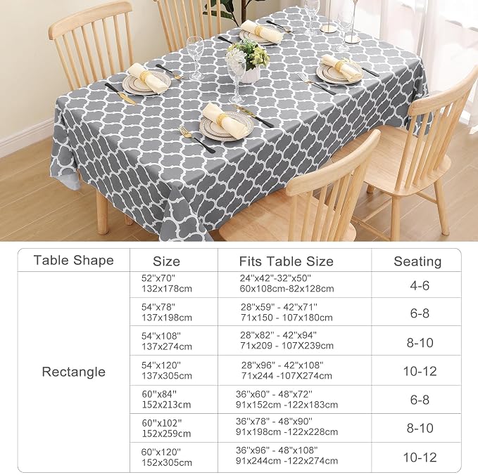 Smiry Rectangle Table Cloth, Wipeable Spillproof Plastic Tablecloths for Dining, Waterproof Vinyl Tablecloth with Flannel Backing for Rectangle Tables, Camping, Outdoor and Indoor (70"x120", Grey)