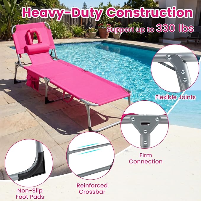 HAPPYGRILL Folding Tanning Chair with Face Hole, Outdoor Beach Sunbathing Chaise Lounge with Adjustable Backrest, Side Pocket, Pillow, Portable Recliner for Poolside Backyard