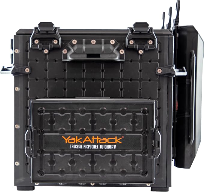 YakAttack TracPak with PicPocket QuickDraw - Black | Track Mount Storage Box with Spring-Loaded Lid | Quick Release Base & Labels Included | Vertical or Horizontal Mount | Made in USA