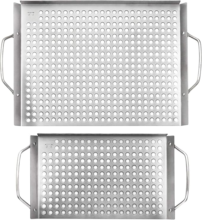 Outset Stainless Steel Grill Topper Grid, Set of 2, 11"x7" and 11"x17" BBQ Basket Trays