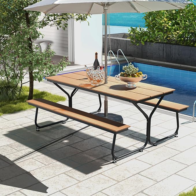 GIANTEX 6 FT Outdoor Picnic Table Bench Set for 6-8 People, 2400 LBS Capacity Patio Dining Table & 2 Benches with Metal Frame & HDPE, Balcony Conversation Set for Poolside Deck Garden (Brown)