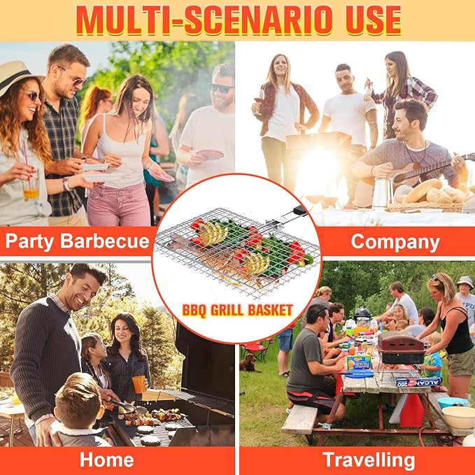 Large Stainless Steel Grilling Basket with Removable Handle – Deep Fish & Vegetable Grill Basket for Outdoor BBQ, Heavy Duty Non-Stick Basket for Gas/Charcoal Grill, Easy to Clean – Gifts for Dad