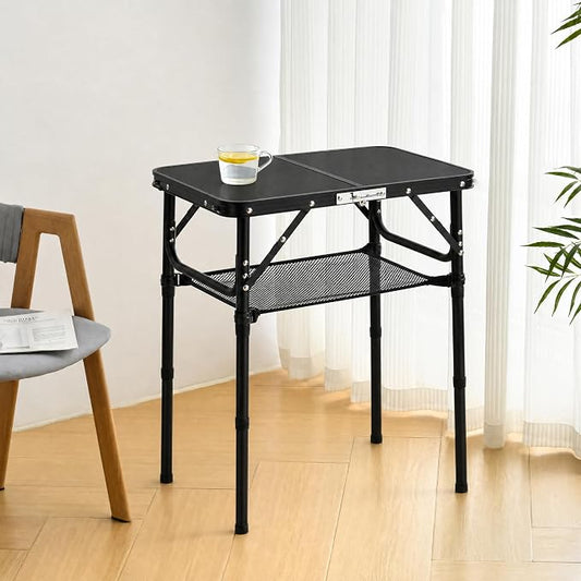 Folding Table Small, 24''L x16''W Camp Aluminum Table with Adjustable Height Legs, Indoor Outdoor Lightweight Portable Folding Aluminum Dining Table for Picnic Camping 2-Feet All Black(10"/19"/27)