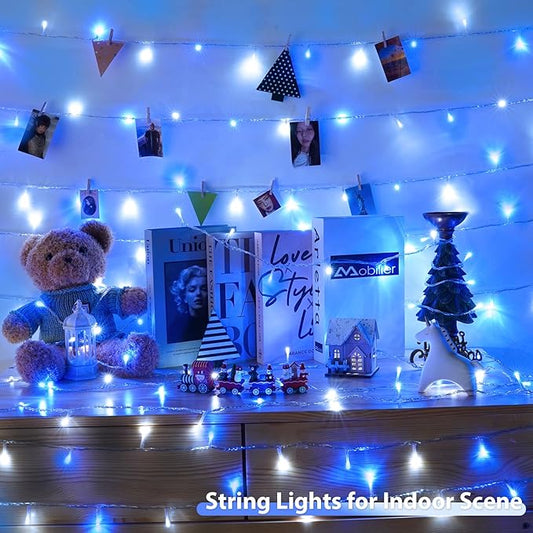 2 Pack String Lights Battery Operated with Timer, 66FT 200 LED Waterproof Battery Twinkle Lights, 8 Modes Fairy Light for Indoor & Outdoor Party Bedroom Porch Tree Christmas Decorations (Blue & White)