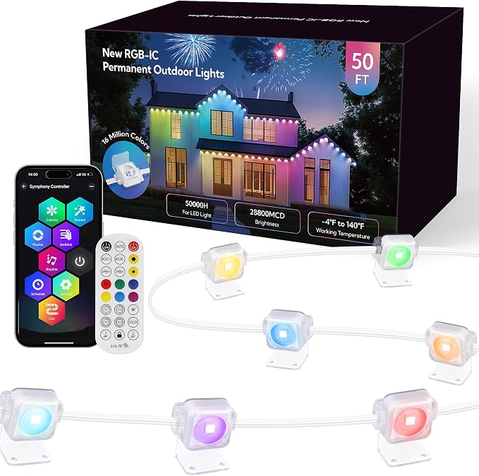 Permanent Outdoor Lights for House,50FT RGB+IC Smart Lights | 30 LEDs,App/Remote Control,IP67 Waterproof,DIY Color-Changing String Lights for Eaves,Xmas,Halloween and Party Decor