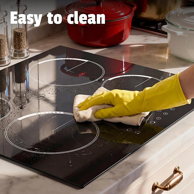 Electric Cooktop 24 Inch, 4 Burner Electric Stove Top Drop-in(22.05"x19.3") 220V-240V, 24 Inch large Ceramic Stovetop with Ceramic Glass, Timer, Kids Safety Lock, 220V Hard Wired (No Plug)