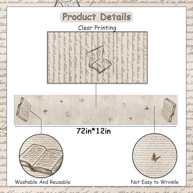 Retro Newspaper Book Theme Table Runner 72 x 13 Inches | Storybook Reading Decor, Linen Fabric, Washable Reusable Table Cover, Indoor Outdoor, Kitchen, Dining Table Decor
