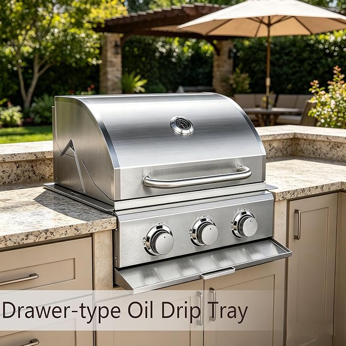 3-Burner Built-In Grill, Stainless Steel Propane Grill with Drawer-Style Oil Drip Tray, 30,000 BTU for Patio Backyard Parties Barbecue
