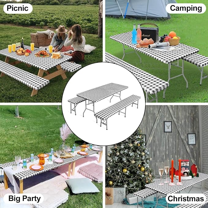 OutdoorLines Vinyl Fitted Picnic Table Cover with Bench Covers | Elastic Waterproof Camping Tablecloth for Picnic Table (Checkered Black, 72x30 Inch, 3 Pcs)