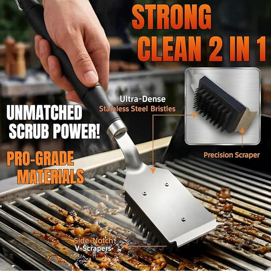 Grill Brush with Scraper& Extra Long Handle -Heat Insulated & Detachable for Gas, Charcoal, Electric Grills | Stainless Steel Wire Grill Brush BBQ Cleaning Tool for Outdoor Grill | Gift for Men