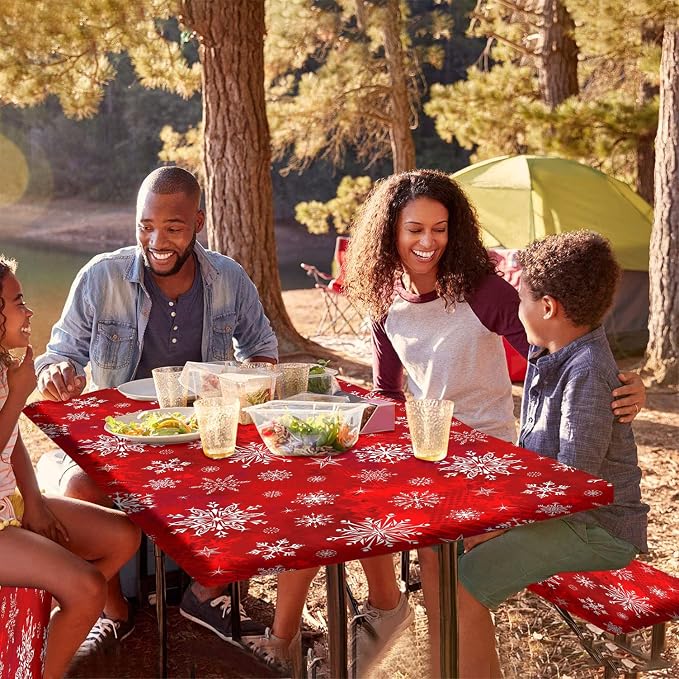 Christmas Picnic Fitted Tablecloth and Bench Covers, 3 Pieces Set, White Snowflakes on Red Background Print Elastic Edged Table Cover, 72x28 Inch, Table Cover for Indoor/Outdoor Picnic, BBQ and Dining