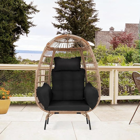PayLessHere Egg Chair Egg Basket Rattan Chair Steel Frame Oversized Indoor Outdoor Lounger Simple Installation with 4 Comfort Cushion and Stand,352lb Capacity for Patio Garden Living Room,Black
