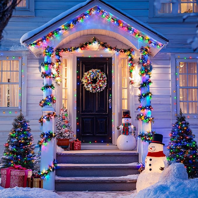 4 Pack Battery Operated Christmas Lights, 50 LEDs 16.5ft Multi Colored String Lights Outdoor Waterproof, Green Wire Battery Powered Twinkle Lights for Tree Wreath Christmas Decorations