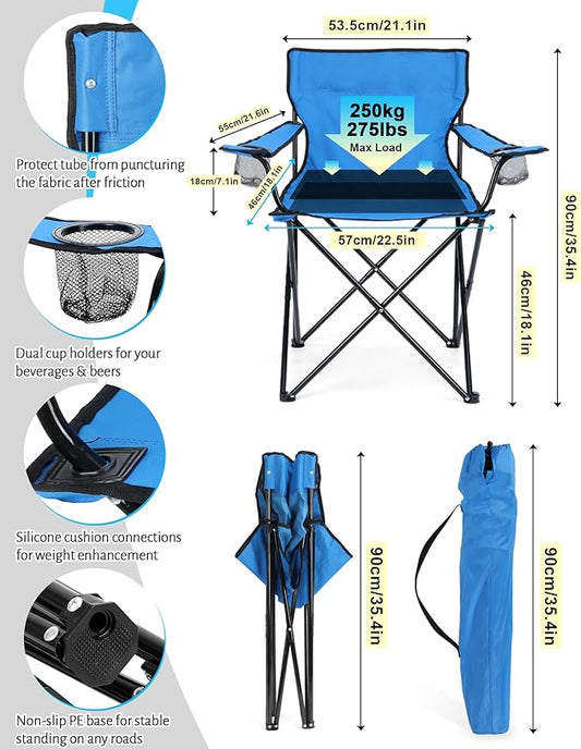 HaSteeL 2PCS Camping Chairs with Detachable Umbrella, Folding Beach Chair for Adults, Large Portable Foldable Chair for Outdoors Fishing Hiking Travel Picnic Lawn, Supports 275lbs, Storage Bags, Blue