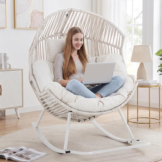 Shintenchi Rocking Egg Chair Outdoor with Cushion,Oversized Lounge Chairs | Rocking Chair White,PE Rattan,Egg Seat for Indoor Outdoor Living Room Bedroom Outside Patio Backyard Balcony