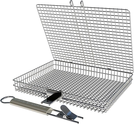 ORIGINAL Jumbo XL Grilling Basket with Detachable Handle and Easy Open/Close Locking Lid. New & Improved Stainless Steel Construction with Larger Capacity (12.5 x 9.5 x 2 inches) for Outdoor BBQ Camping Grilling by Kabob King