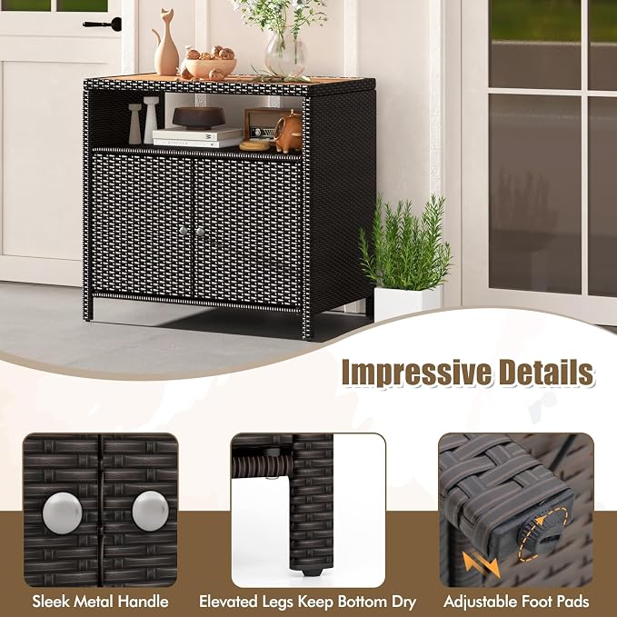 Wicker Outdoor Storage Cabinet, Rattan Patio Bar Table with Acacia Wood Countertop, Open Compartment & 2 Doors, Outdoor Buffet Cabinet Sideboard for Poolside, Garden, Backyard (Mix Brown)