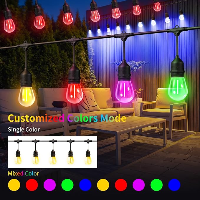74FT Outdoor String Lights, Outdoor Lights for Patio,with 36+4 LED RGBW Color Change,3000K Bright White Waterproof Bulbs, Dimmer & Remote, Customized 12 Colors & 4 Modes, for Backyard Decor