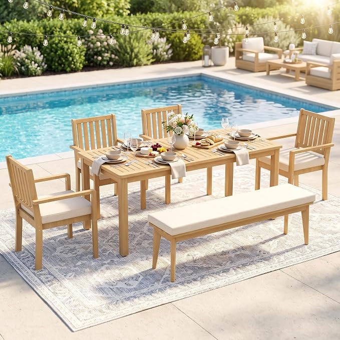 Wisteria Lane 6 Pieces Acacia Outdoor Patio Table and Chairs Set for 6, Patio Outdoor Dining Table Set with with Bench and Cushion, Modern Outdoor Patio Set for Deck Lawn Backyard Garden, Brown