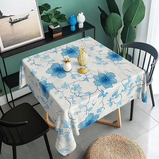 Blue Flower Square Tablecloth Perfect for Spring Home Decor 60x60 Inch Blooming Floral Washable Table Cover Watercolor Rustic Square Table Cloth Dust-Proof for Farmhouse Decor Buffet Picnic